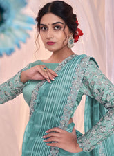 Organza Printed Embroidered Wedding Saree In Aqua Blue